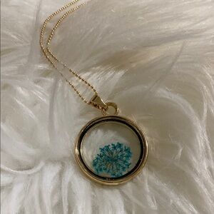 Gold Pendant Necklace with Blue dried flower